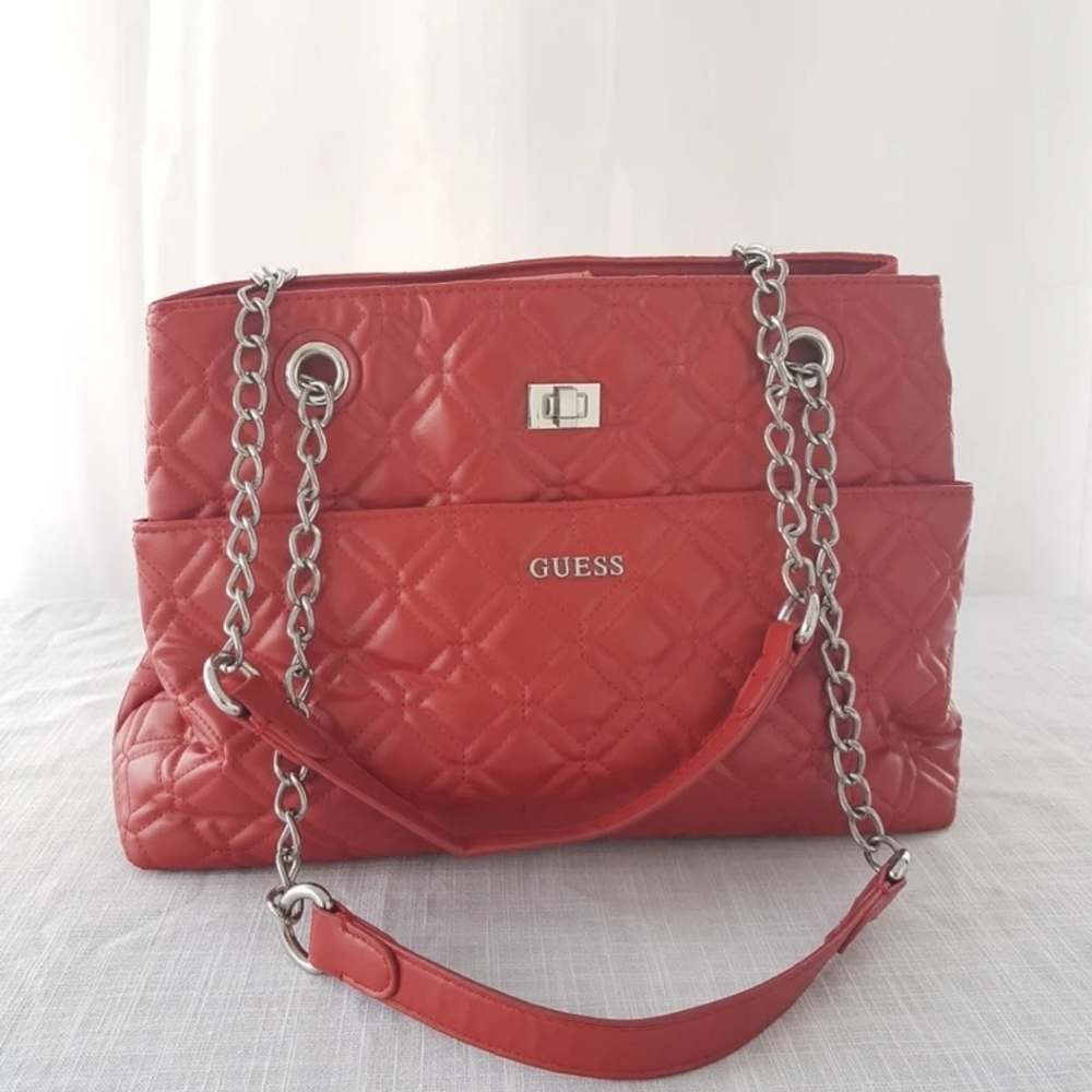 GUESS Red Quilted Faux Leather Shoulder Bag with Silver Chain Shoulder Straps